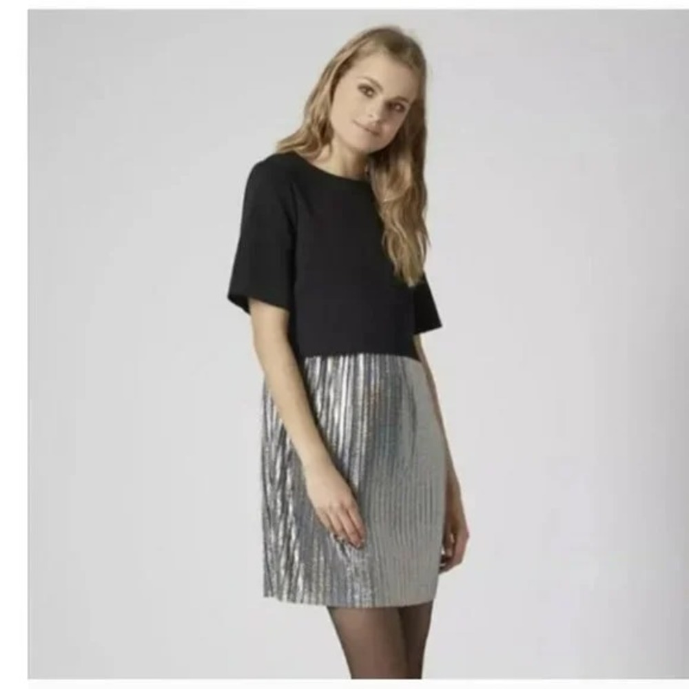 TOPSHOP Women's Black Silver Metallic Pleated Short Sleeve Overlay Dress‎ Size 2